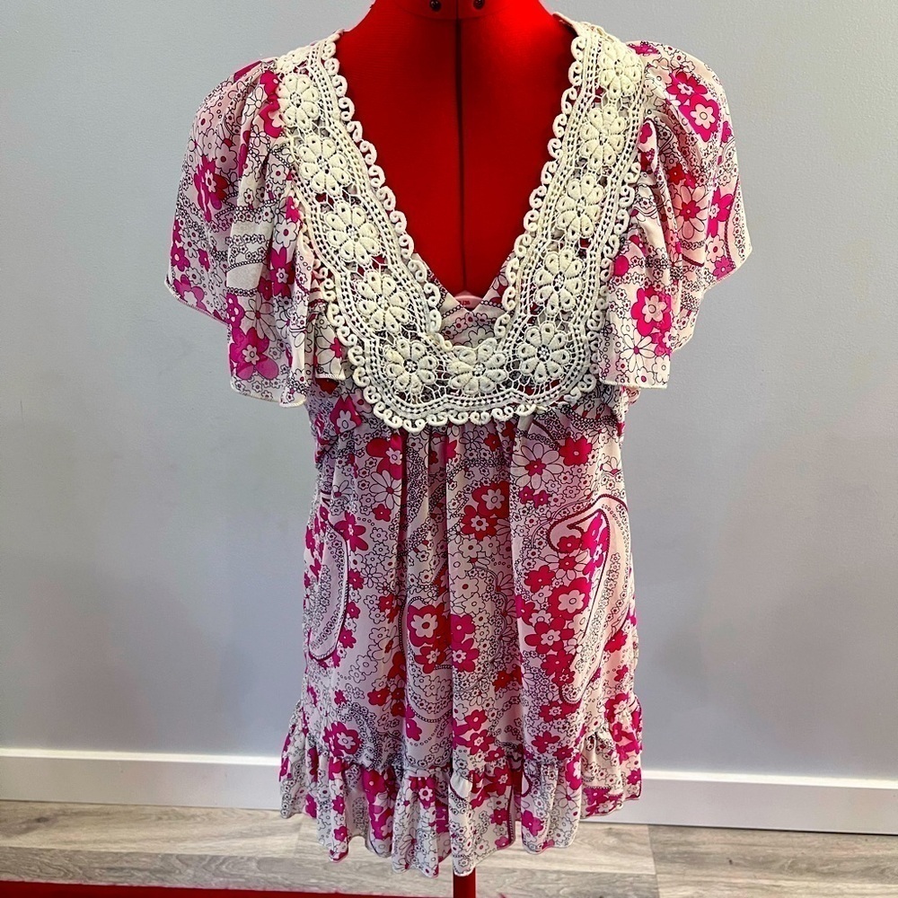 Janette John 3:16 Sheer Floral Cap sleeve Tie waist Lace Detail Boho Blouse M